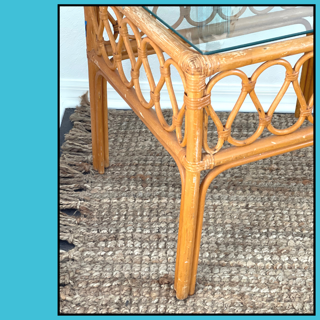 RATTAN END TABLE glass top, coastal, rattan