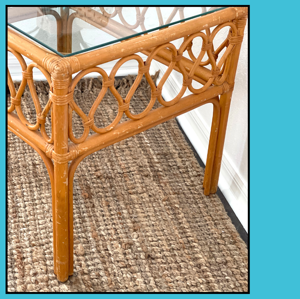 RATTAN END TABLE glass top, coastal, rattan