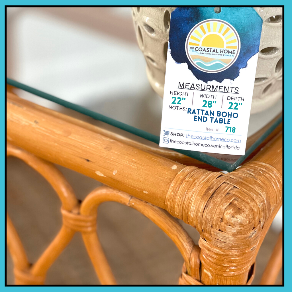 RATTAN END TABLE glass top, coastal, rattan