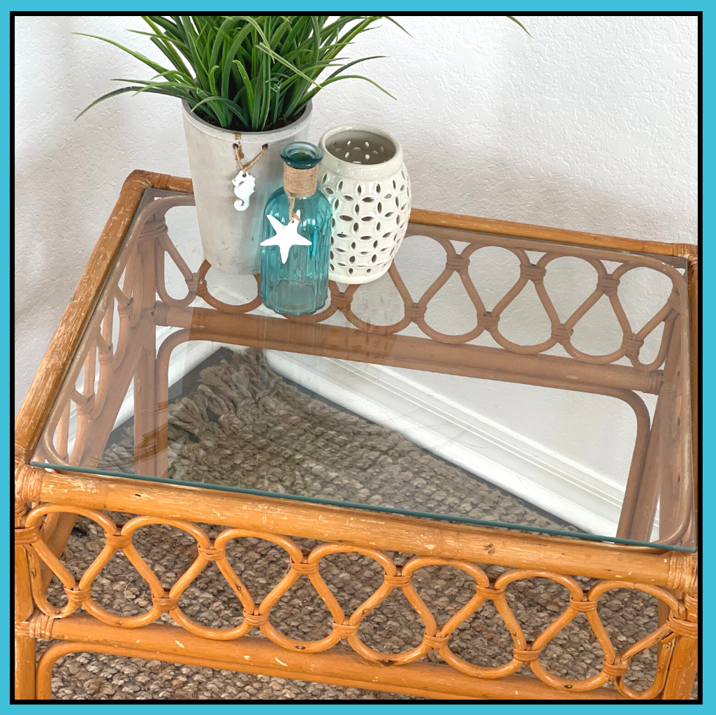 RATTAN END TABLE glass top, coastal, rattan