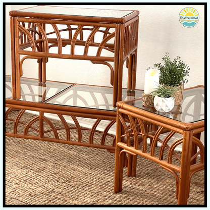 [SOLD] SET OF 3 - RATTAN COFFEE TABLE & END TABLES glass top, coastal, boho style