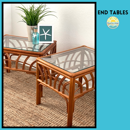 [SOLD] SET OF 3 - RATTAN COFFEE TABLE & END TABLES glass top, coastal, boho style