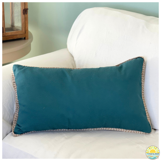 BEACHY TEAL ACCENT PILLOW WITH NEUTRAL TRIM