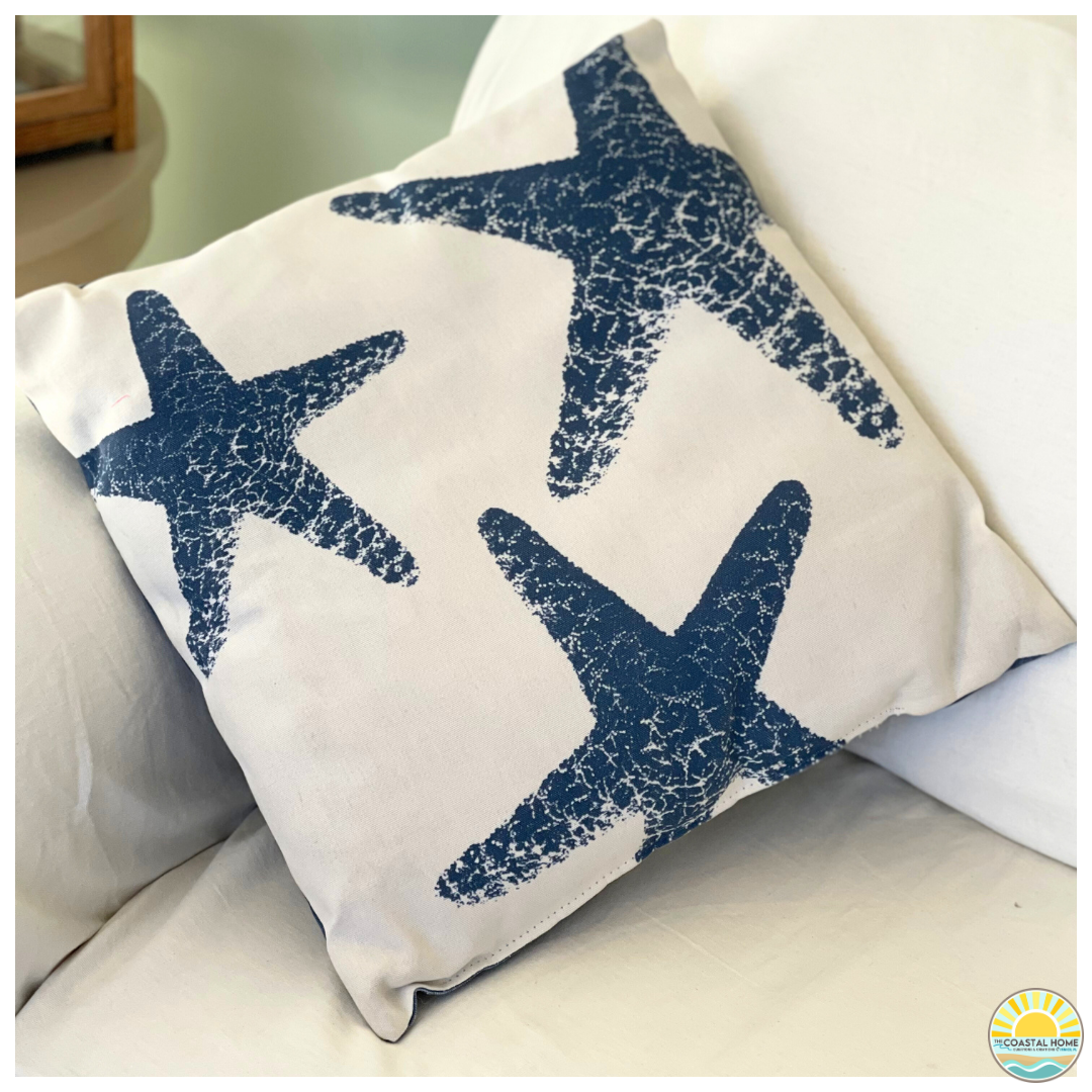 REVERSIBLE BLUE & WHITE STARFISH PILLOW